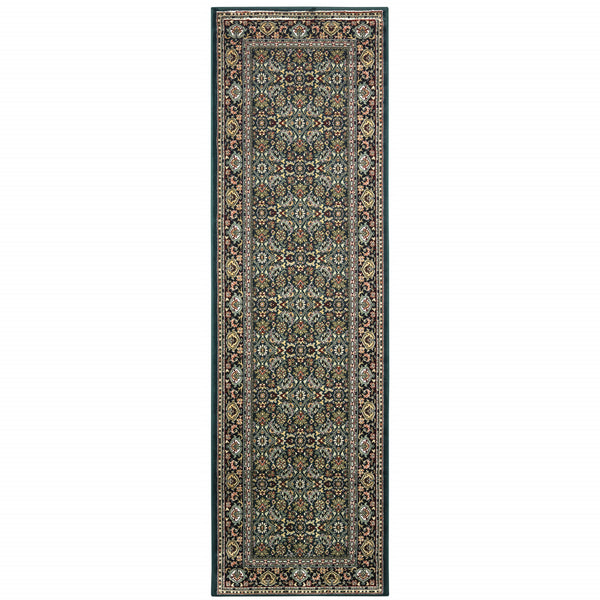 Homeroots 2' X 8' Navy Blue Green Red Ivory And Yellow Oriental Power Loom Stain Resistant Runner Rug  Polypropylene 509114