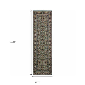 Homeroots 2' X 8' Navy Blue Green Red Ivory And Yellow Oriental Power Loom Stain Resistant Runner Rug  Polypropylene 509114
