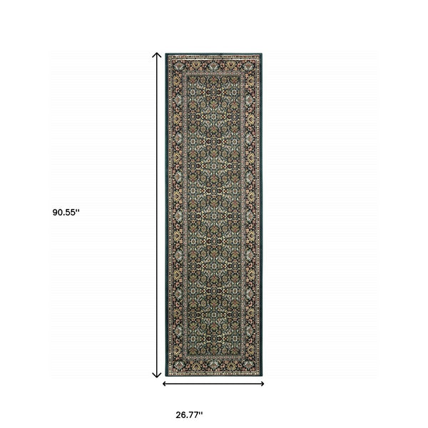 Homeroots 2' X 8' Navy Blue Green Red Ivory And Yellow Oriental Power Loom Stain Resistant Runner Rug  Polypropylene 509114