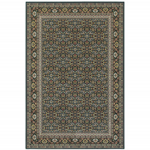 Homeroots 10' X 13' Navy Blue Green Red Ivory And Yellow Oriental Power Loom Stain Resistant Area Rug  Polypropylene 509119