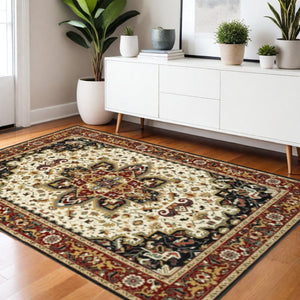 HomeRoots 4' Red and Ivory Oriental Area Rug - Stain Resistant, Durable Power Loom Design for High-Traffic Spaces 4' X 6' 509136