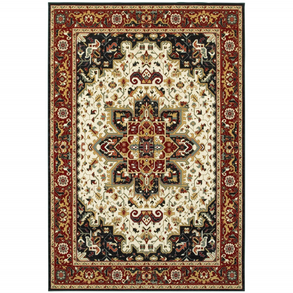 HomeRoots 4' Red and Ivory Oriental Area Rug - Stain Resistant, Durable Power Loom Design for High-Traffic Spaces 5'3" x 7'6" 509137
