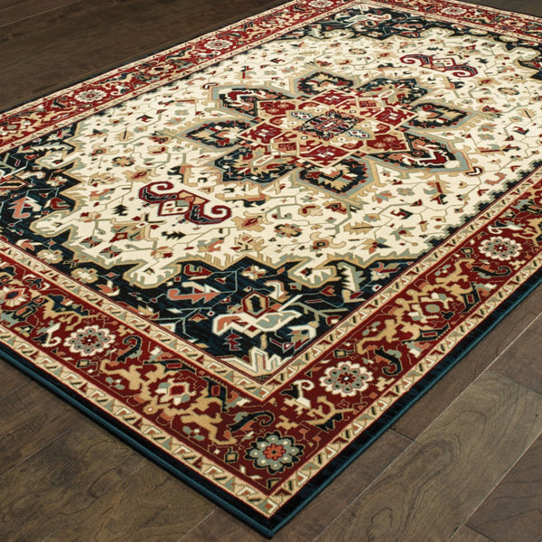 HomeRoots 4' Red and Ivory Oriental Area Rug - Stain Resistant, Durable Power Loom Design for High-Traffic Spaces 5'3" x 7'6" 509137