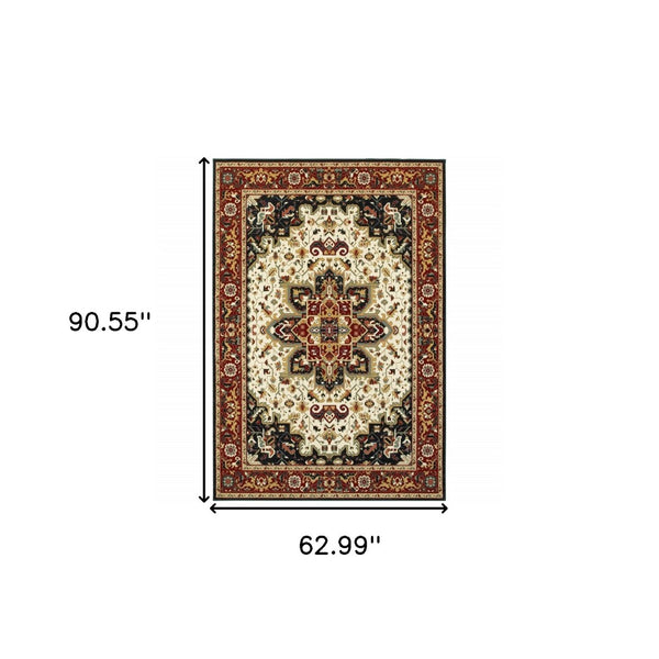 HomeRoots 4' Red and Ivory Oriental Area Rug - Stain Resistant, Durable Power Loom Design for High-Traffic Spaces 5'3" x 7'6" 509137