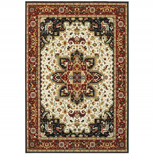 HomeRoots 4' Red and Ivory Oriental Area Rug - Stain Resistant, Durable Power Loom Design for High-Traffic Spaces 7' X 10' 509138