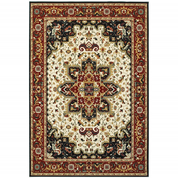 HomeRoots 4' Red and Ivory Oriental Area Rug - Stain Resistant, Durable Power Loom Design for High-Traffic Spaces 7' X 10' 509138