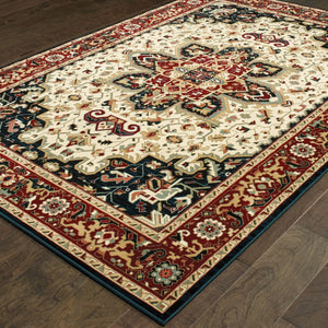HomeRoots 4' Red and Ivory Oriental Area Rug - Stain Resistant, Durable Power Loom Design for High-Traffic Spaces 8' X 11' 509139