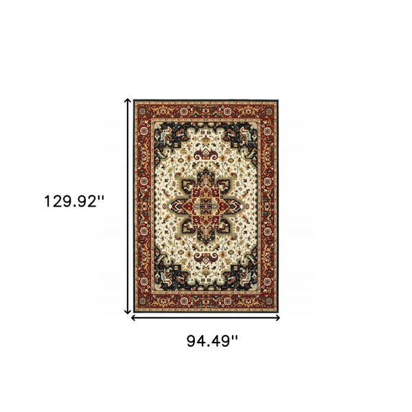 HomeRoots 4' Red and Ivory Oriental Area Rug - Stain Resistant, Durable Power Loom Design for High-Traffic Spaces 8' X 11' 509139