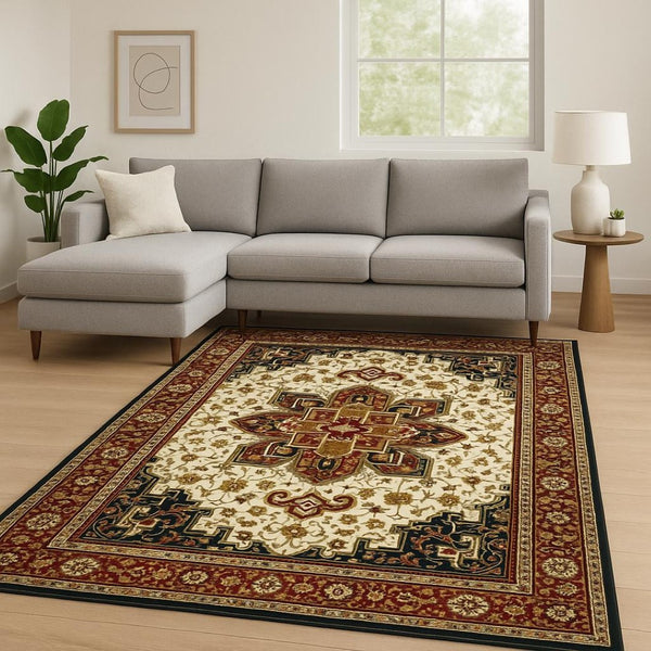 HomeRoots 4' Red and Ivory Oriental Area Rug - Stain Resistant, Durable Power Loom Design for High-Traffic Spaces 8' X 11' 509139