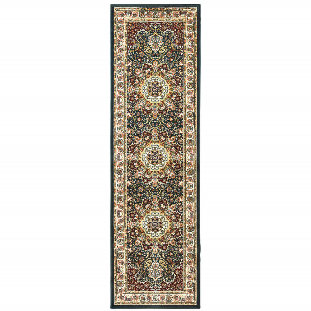 Homeroots 2' X 8' Navy And Ivory Oriental Power Loom Stain Resistant Runner Rug Navy,Ivory Polypropylene 509142