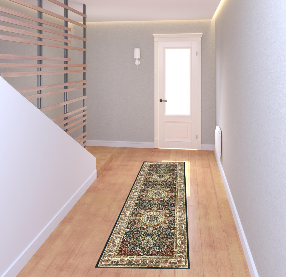 Homeroots 2' X 8' Navy And Ivory Oriental Power Loom Stain Resistant Runner Rug Navy,Ivory Polypropylene 509142