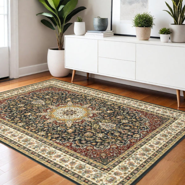 HomeRoots 5' Elegant Red and Ivory Floral Medallion Area Rug - Durable, Stain-Resistant Design for Any Room 4' X 6' 509143