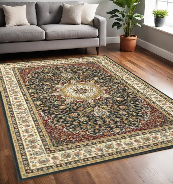 HomeRoots 5' Elegant Red and Ivory Floral Medallion Area Rug - Durable, Stain-Resistant Design for Any Room 5' X 8' 509144