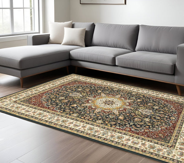 HomeRoots 5' Elegant Red and Ivory Floral Medallion Area Rug - Durable, Stain-Resistant Design for Any Room 8' X 11' 509146