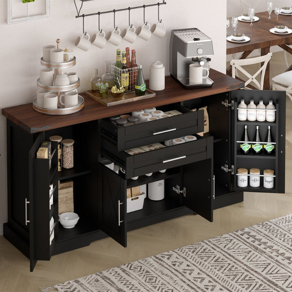 English Elm 63" Fluted Mdf Sideboard with Wood Tone Top Four Doors Three Drawers Dining Storage Black W2917S00012