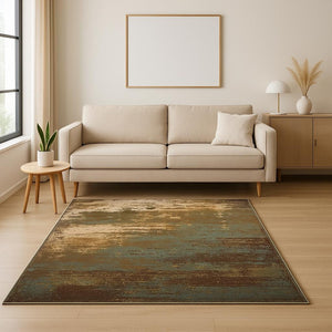HomeRoots 5' Contemporary Abstract Area Rug in Teal Blue, Brown, Green & Beige - Stain Resistant & Durable 5' X 7' 509177