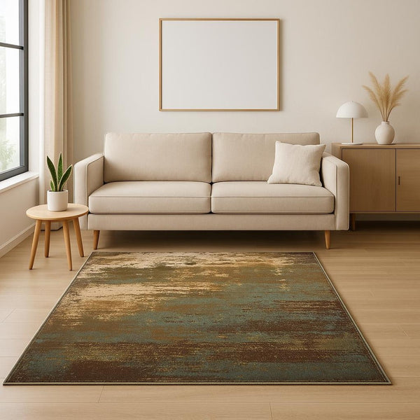 HomeRoots 5' Contemporary Abstract Area Rug in Teal Blue, Brown, Green & Beige - Stain Resistant & Durable 5' X 7' 509177