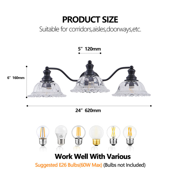 English Elm 24 Vintage 3-Light Wall Sconce with Iron and Glass Shades – Stylish Hardwired Vanity Fixture for Bathroom Mirror Black W2312P374844