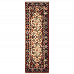 HomeRoots 2' Elegant Red, Ivory, Blue & Orange Oriental Runner Rug - Stain Resistant with Classic Fringe Detail 2' x 6' 509185