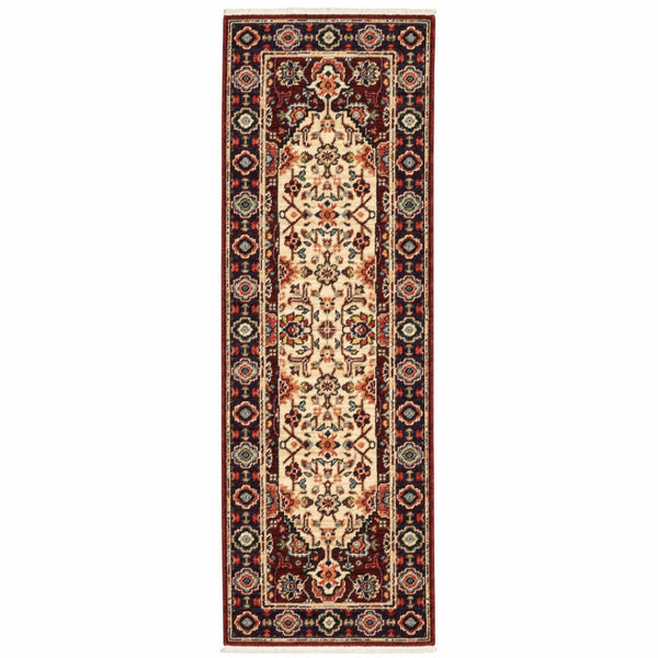 HomeRoots 2' Elegant Red, Ivory, Blue & Orange Oriental Runner Rug - Stain Resistant with Classic Fringe Detail 2' x 6' 509185