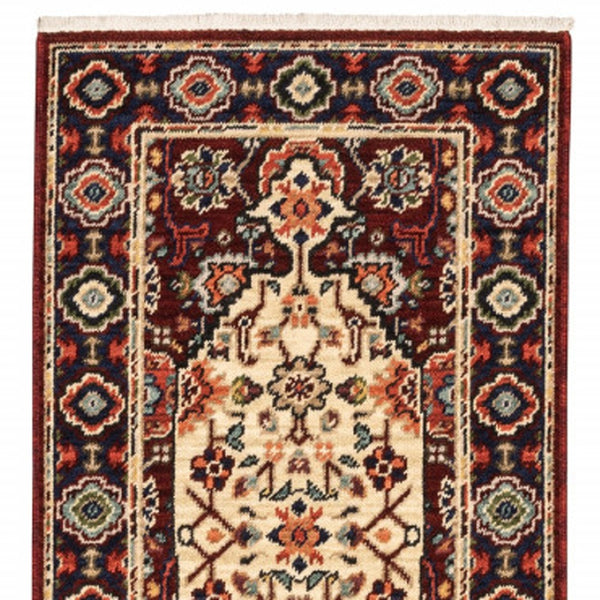 HomeRoots 2' Elegant Red, Ivory, Blue & Orange Oriental Runner Rug - Stain Resistant with Classic Fringe Detail 2' x 6' 509185