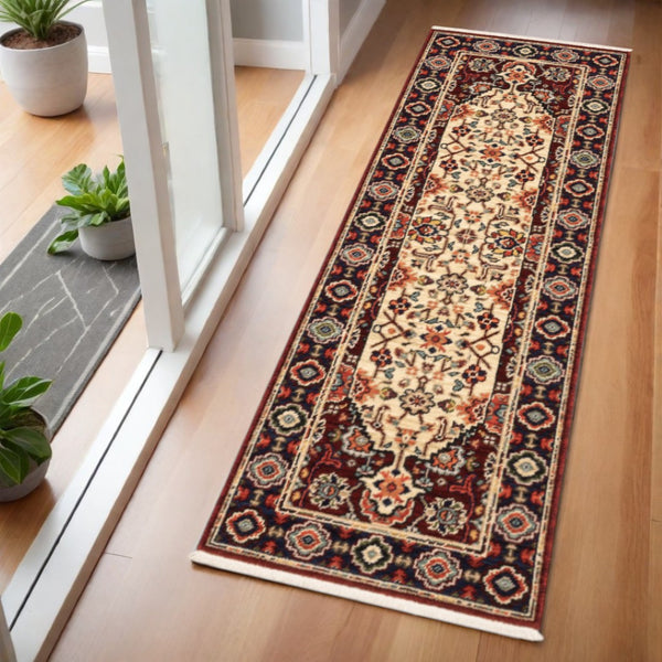 HomeRoots 2' Elegant Red, Ivory, Blue & Orange Oriental Runner Rug - Stain Resistant with Classic Fringe Detail 2' x 6' 509185