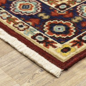 HomeRoots 2' Elegant Red, Ivory, Blue & Orange Oriental Runner Rug - Stain Resistant with Classic Fringe Detail 2' x 6' 509185