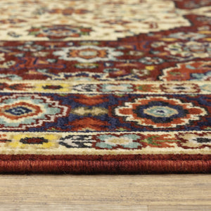 HomeRoots 2' Elegant Red, Ivory, Blue & Orange Oriental Runner Rug - Stain Resistant with Classic Fringe Detail 2' x 6' 509185