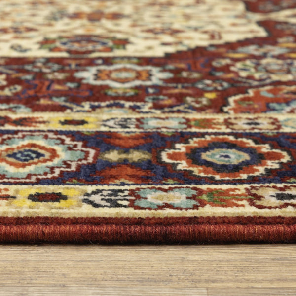 HomeRoots 2' Elegant Red, Ivory, Blue & Orange Oriental Runner Rug - Stain Resistant with Classic Fringe Detail 2' x 6' 509185