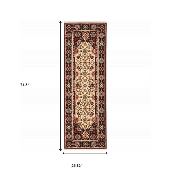 HomeRoots 2' Elegant Red, Ivory, Blue & Orange Oriental Runner Rug - Stain Resistant with Classic Fringe Detail 2' x 6' 509185