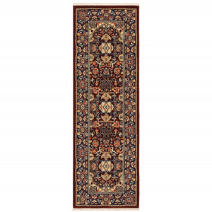 HomeRoots 6' Luxurious Red and Blue Oriental Runner Rug - Durable Wool-Nylon Blend for Timeless Elegance 2' x 6' 509187