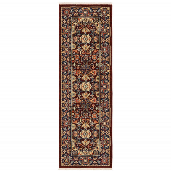 HomeRoots 6' Luxurious Red and Blue Oriental Runner Rug - Durable Wool-Nylon Blend for Timeless Elegance 2' x 6' 509187