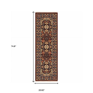 HomeRoots 6' Luxurious Red and Blue Oriental Runner Rug - Durable Wool-Nylon Blend for Timeless Elegance 2' x 6' 509187