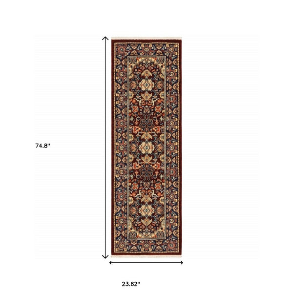 HomeRoots 6' Luxurious Red and Blue Oriental Runner Rug - Durable Wool-Nylon Blend for Timeless Elegance 2' x 6' 509187