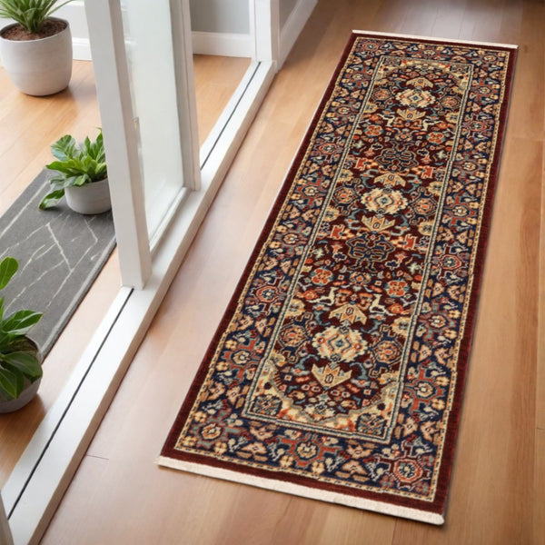 HomeRoots 6' Luxurious Red and Blue Oriental Runner Rug - Durable Wool-Nylon Blend for Timeless Elegance 2' x 6' 509187