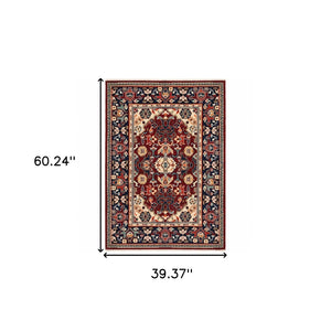 HomeRoots 6' Luxurious Red and Blue Oriental Runner Rug - Durable Wool-Nylon Blend for Timeless Elegance 3' X 5' 509188