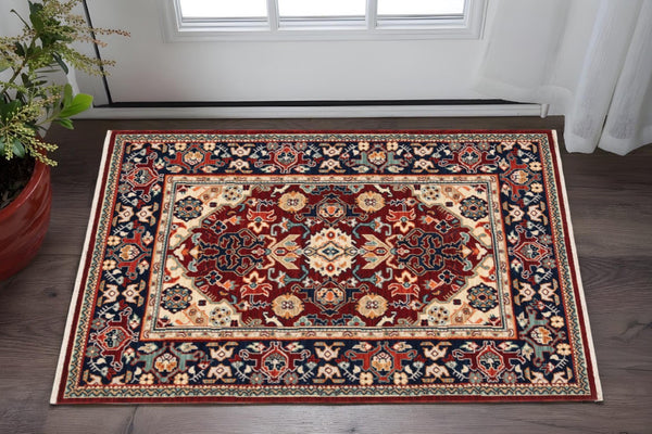 HomeRoots 6' Luxurious Red and Blue Oriental Runner Rug - Durable Wool-Nylon Blend for Timeless Elegance 3' X 5' 509188