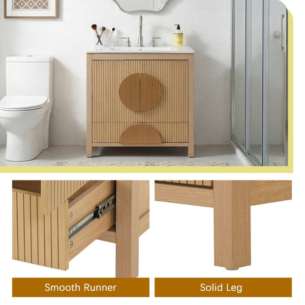 English Elm 30 Inch Fluted Freestanding Bathroom Vanity Solid Wood Soft Close Spa Style W5278S00004