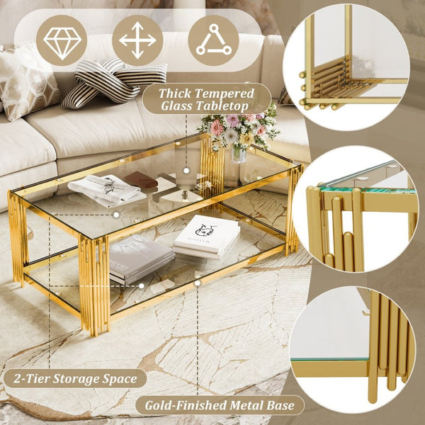 English Elm Modern Glam Rectangular Coffee Table with Mirrored Top Gold Sculptural Frame Open Shelf Transparent N735P380099K