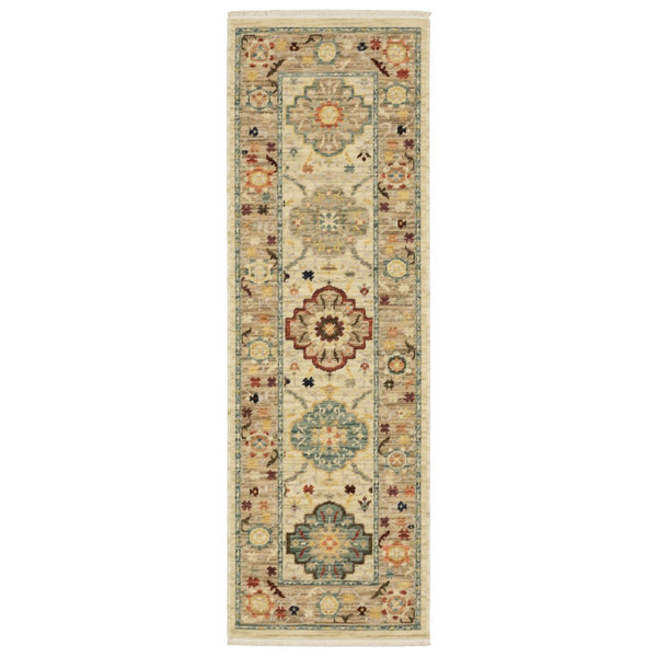 HomeRoots 2' Elegant Beige and Pale Blue Oriental Runner Rug - Stain Resistant, Fringed, Ideal for High Traffic Areas 2' x 6' 509194
