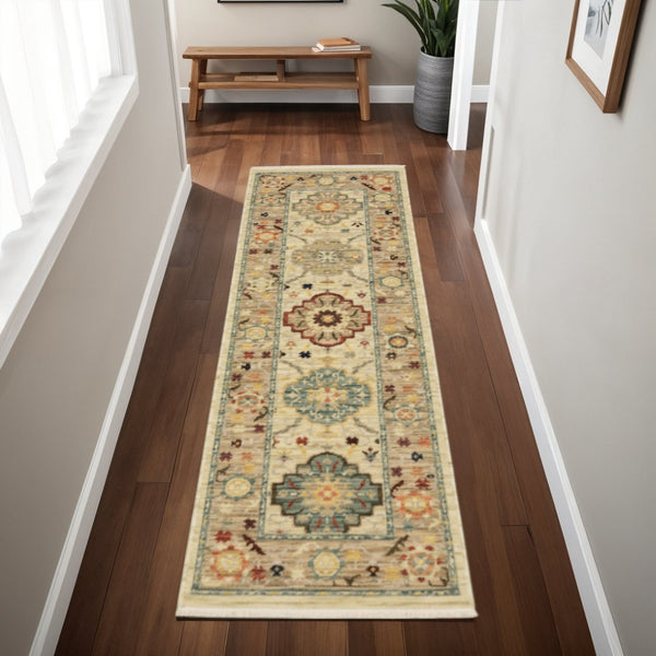 HomeRoots 2' Elegant Beige and Pale Blue Oriental Runner Rug - Stain Resistant, Fringed, Ideal for High Traffic Areas 2' x 6' 509194