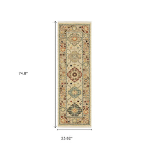 HomeRoots 2' Elegant Beige and Pale Blue Oriental Runner Rug - Stain Resistant, Fringed, Ideal for High Traffic Areas 2' x 6' 509194
