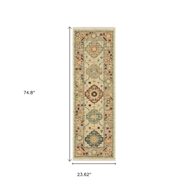 HomeRoots 2' Elegant Beige and Pale Blue Oriental Runner Rug - Stain Resistant, Fringed, Ideal for High Traffic Areas 2' x 6' 509194