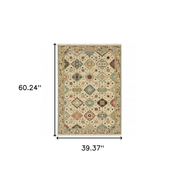 HomeRoots 2' Elegant Beige and Pale Blue Oriental Runner Rug - Stain Resistant, Fringed, Ideal for High Traffic Areas 3' x 5' 509195