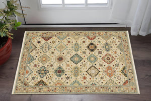 HomeRoots 2' Elegant Beige and Pale Blue Oriental Runner Rug - Stain Resistant, Fringed, Ideal for High Traffic Areas 3' x 5' 509195