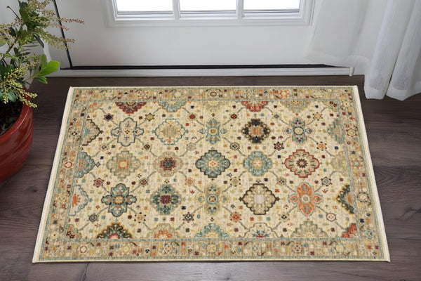 HomeRoots 2' Elegant Beige and Pale Blue Oriental Runner Rug - Stain Resistant, Fringed, Ideal for High Traffic Areas 3' x 5' 509195