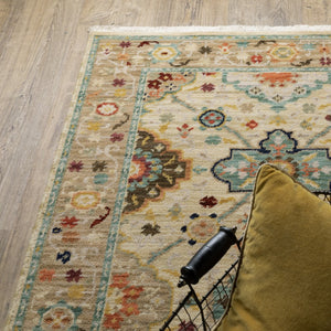 HomeRoots 2' Elegant Beige and Pale Blue Oriental Runner Rug - Stain Resistant, Fringed, Ideal for High Traffic Areas 3' x 5' 509195