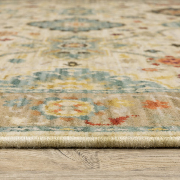 HomeRoots 2' Elegant Beige and Pale Blue Oriental Runner Rug - Stain Resistant, Fringed, Ideal for High Traffic Areas 3' x 5' 509195