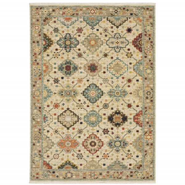 HomeRoots 2' Elegant Beige and Pale Blue Oriental Runner Rug - Stain Resistant, Fringed, Ideal for High Traffic Areas 5' X 8' 509196