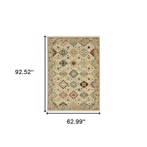 HomeRoots 2' Elegant Beige and Pale Blue Oriental Runner Rug - Stain Resistant, Fringed, Ideal for High Traffic Areas 5' X 8' 509196